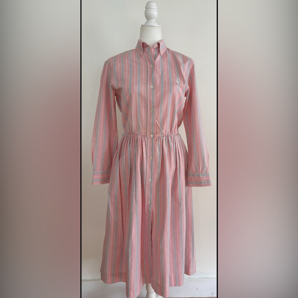 Vintage Polo by Ralph Lauren Pink  Blue Striped Cotton Oxford Shirtdress size 4